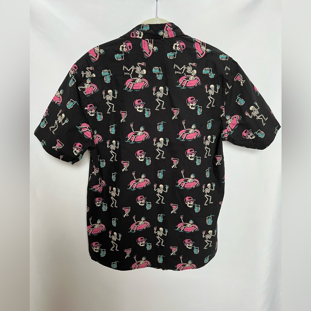 Visitor Premium Skeleton Pool Party Button Front Shirt - Black w/ Pink/Aqua - Sm